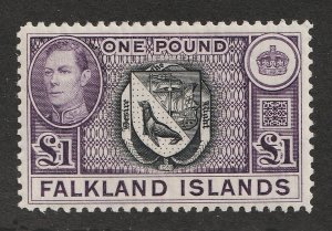 1938 Falkland Islands Sc# 96 - £1, KGVI, Coat of Arms, Seal & Ship. MNH Cv$125