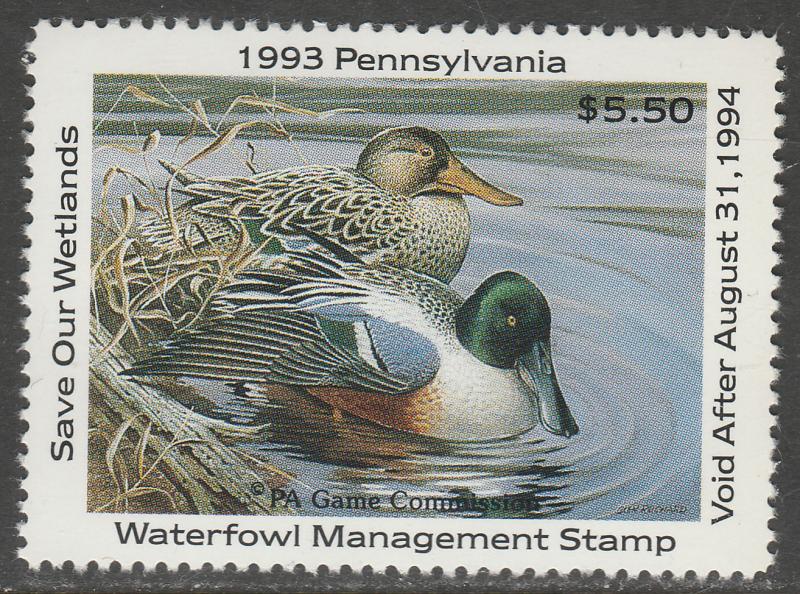 U.S.-PENNSYLVANIA 11, STATE DUCK HUNTING PERMIT STAMP. MINT, NH. VF