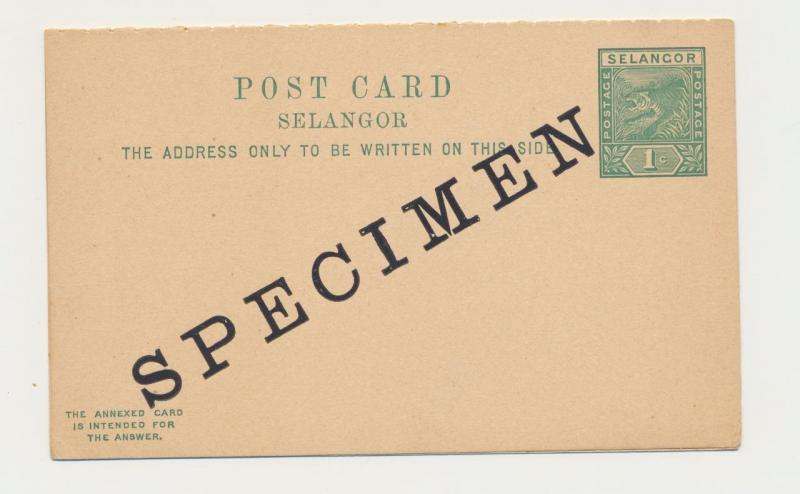 MALAYA -SELANGOR, 1896 1c SPECIMEN REPLY PAID CARD,UNUSED,H&G2(SEE BELOW