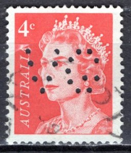 Australia 1966; Sc. # 397; Used Single Stamp w/Perfins