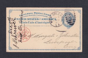 USA 1892 2c LIBERTY POSTAL STATIONERY CARD NEW ORLEANS LA. TO LIVERPOOL ENGLAND