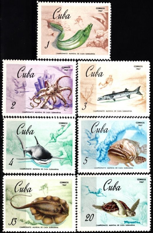 CUBA Sc# 1275-1281  MARINE LIFE underwater fishing FISH Cpl set of 7  1967  MNH