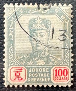 MALAYA JOHOR 1904-10 Sultan Sir Ibrahim $100 Used wmk W27 Rosette SG#77 M3360D