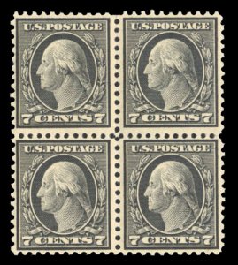 United States, 1910-30 #507 Cat$158, 1917 7c black, block of four, top stamps...