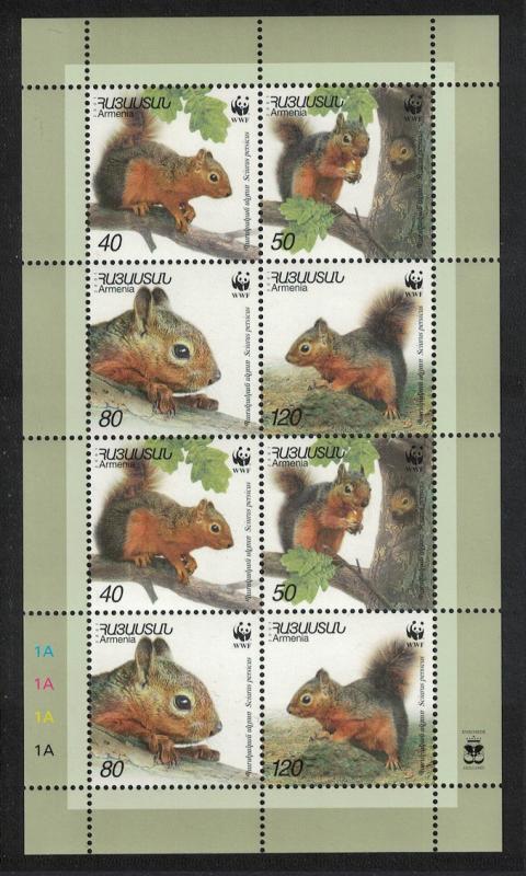 Armenia WWF Persian Squirrel Sheetlet of 2 sets / 8 stamps SG#484-487 SC#632 a-d