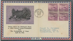US  (1933) 3c Washington's headquarters/proclamation of peace, 1783(block of four) on an addressed(typed) first day cove...