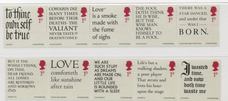 Great Britain Sc 3485-94 2016 Shakespeare Quotations stamp set mint NH