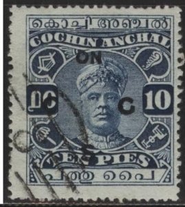 India: Cochin O31 (used) 10p Sri Rama Varma II, deep blue, ovptd (1933)