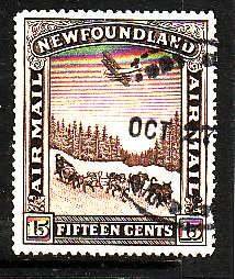 Newfoundland-Sc#C6- id17-used 15c brown Airmail-Planes-Dogs-1931-