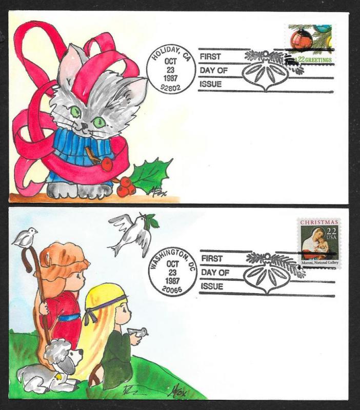 UNITED STATES FDCs (2) 22¢ Christmas 1987 Melissa Fox H-P