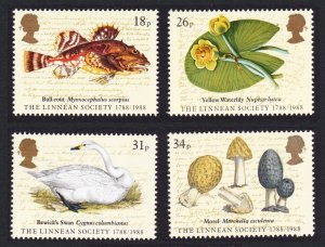 Great Britain Swan Fish Mushrooms Birds Linnean Society 4v 1988 MNH