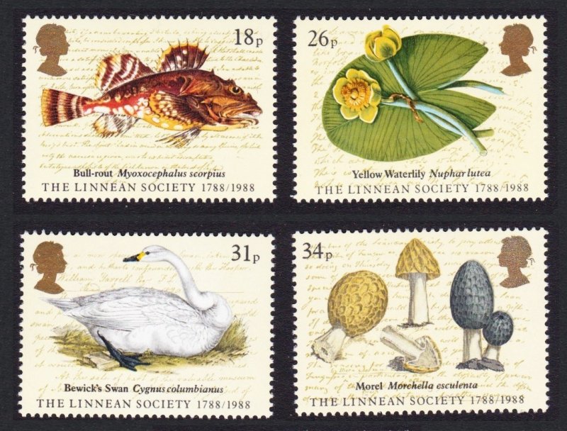 Great Britain Swan Fish Mushrooms Birds Linnean Society 4v 1988 MNH