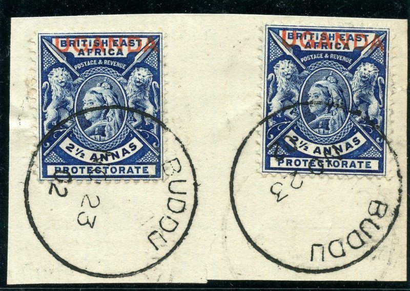 Uganda 1902 QV 2½a deep blue (x2) used on piece cancelled with BUDDU cds. SG 93.