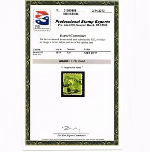 EXCELLENT GENUINE SCOTT 513 USED 1919 APPLE GREEN PSE CERT GRADED FINE-70 BOSTON