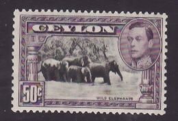 Ceylon-Sc#286b- id9-unused og NH KGVI 50c Elephants-perf 13x11.5-1938-