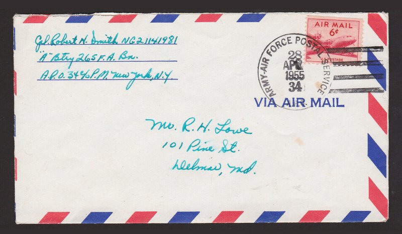 SCOTT #C39 US ARMY AIR FORCE COVER APO 34 NEUBRUCKE GERMANY 1955 WITH LETTER