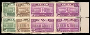 Iceland #209-211 Cat$156, 1938 University of Oslo, complete set in blocks of ...