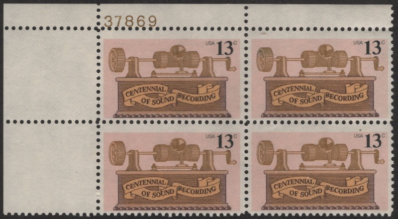 SC#1705 13¢ Phonograph Centenary Plate Block: UL#37869 (1977) MNH