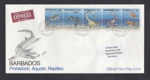 Barbados #855  (1993 Aquatic Reptiles strip ) on addressed P.O. cachet FDC