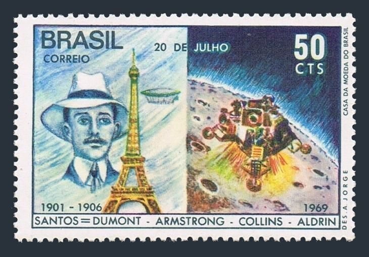 Brazil 1138, MNH. Michel 1231. Man's landing on Moon,1969. Santos Dumont.Eiffel.