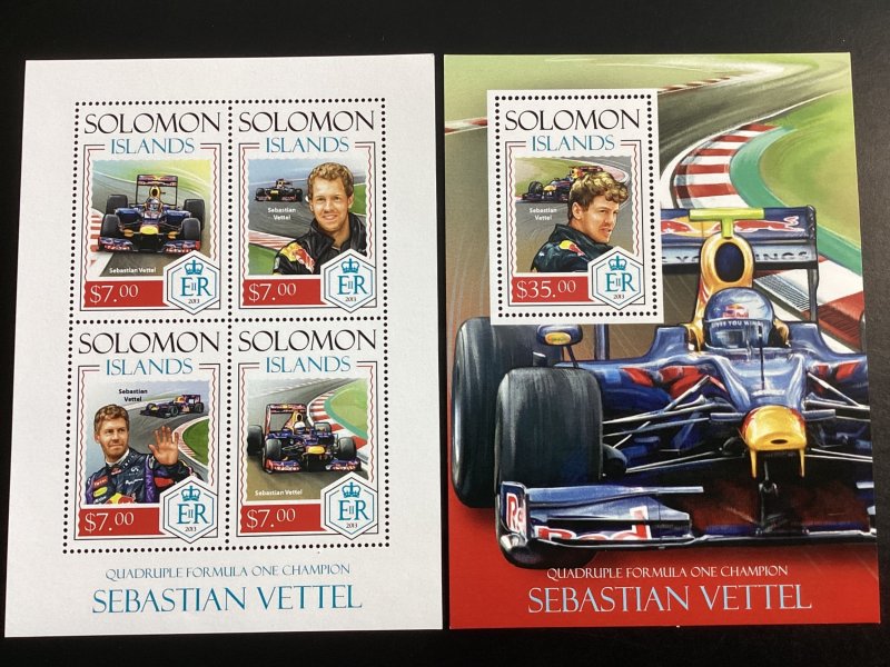 Solomon Islands #1536-37, 1554-55 Mint 2014 Porsche 911 Anniv. & Formula 1 Champ