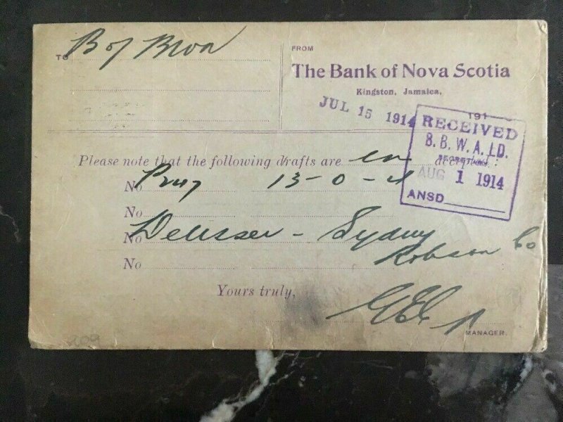 1914 Kingston Jamaica Bank Is Nova Scotia Private Postcard Cover to London UK