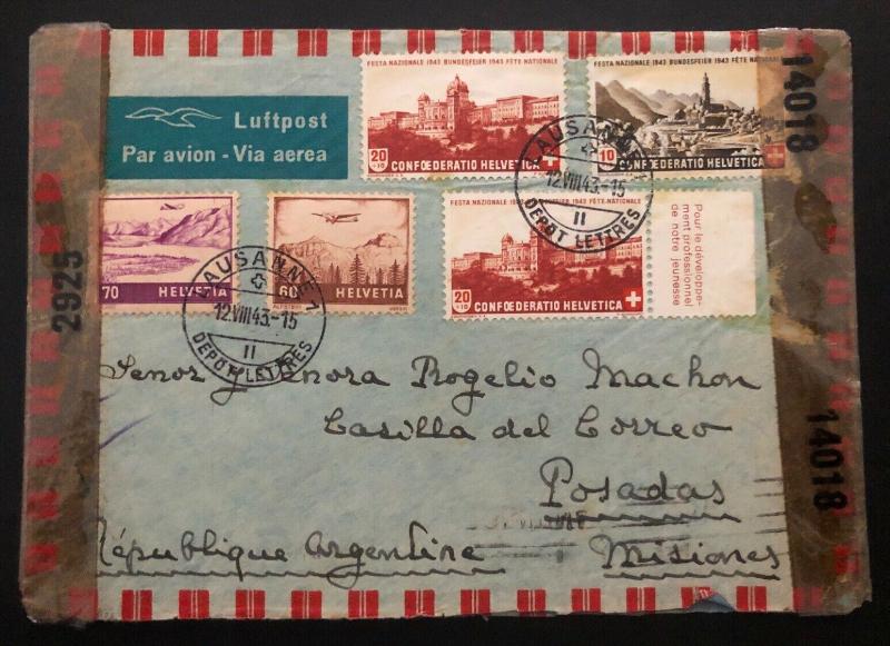 1943 Lausanne Switzerland Censored airmail cover To Posadas Argentina Missionary 