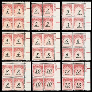 Scott J89//J103 9 Different 1c-13c Postage Due Plate Blocks of 4 VF NH