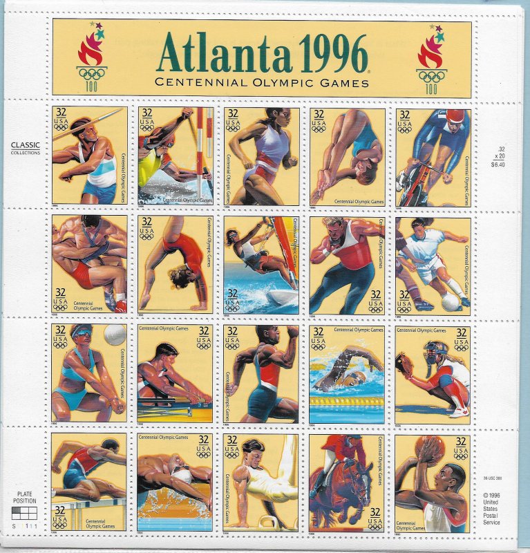 STAMP STATION PERTH- USA #3068 MNH MS Atlanta 1996 Plate S11111 Position 1