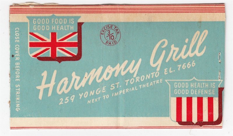 Canada Revenue 3/10¢ Excise Tax Matchbook HARMONY GRILL Toronto 