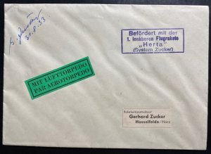 1933 Hasselfelde Germany Lufttorpedo Herta rocket Night Flight cover Zucker Sign