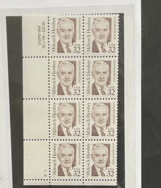 US 1995 Milton S. Hershey 32c #2933 Block of 8 Both plate number and copywrite
