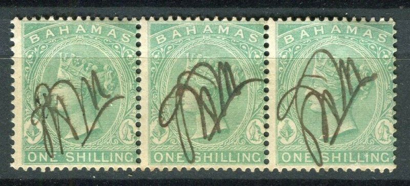 BAHAMAS; 1865- classic QV Crown CC Revenue used Shade of 1s. STRIP 