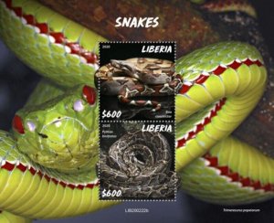 Liberia - 2020 Snakes on Stamps - 2 Stamp Souvenir Sheet - LIB200222b