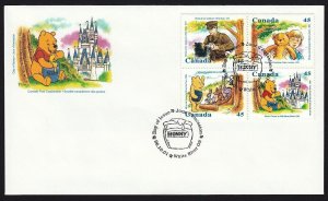 WINNIE THE POOH = DISNEY CARTOON = Official FDC with block of 4 Canada 1996