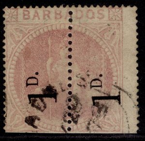 BARBADOS QV SG86b, 1d on half 5s dull rose, USED. Cat £2500.