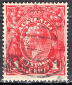 Australia; 1914: Sc. # 21:  Used Single Stamp W/Perfins