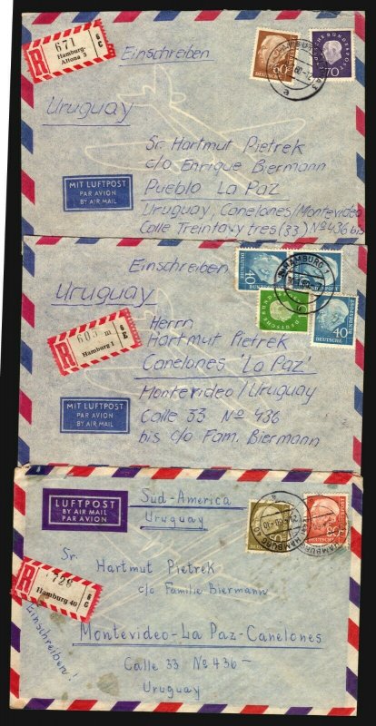 Germany 3 Air mail Covers ca 1960 registered to Uruguay South America Heuss