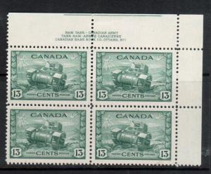 Canada #258 Very Fine Never Hinged Plate #1 UR Block