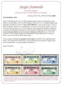 SAN MARINO — SCOTT C11-C16— 1933 ZEPPELIN OVERPRINT SET— USED W/CERT— SCV $1,435