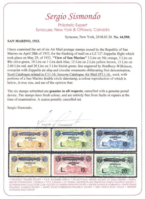 SAN MARINO — SCOTT C11-C16— 1933 ZEPPELIN OVERPRINT SET— USED W/CERT— SCV $1,435