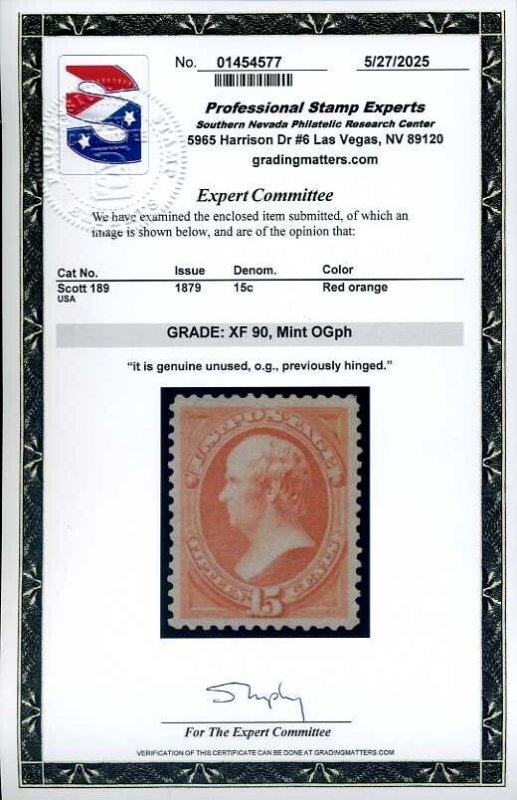 189, 15¢ American Banknote, MLH, PSE graded XF 90 Certificates, SMQ $450