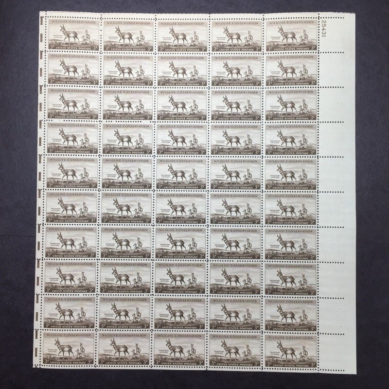 US, 1078, LONGHORN ANTELOPE, FULL SHEET, MINT NH, 1950'S COLLECTION