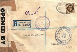 GB WW2 Cover ANGLO-SOVIET Censors{2} BANKING Perfin Middle East 1943 6.35