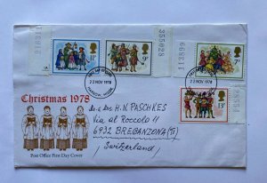 BRITISH FDC 	CHRISTMAS 1978	1978	HARROW , MIDOX 		FOUR STAMPS 	11,9,7,13	CENTS 	