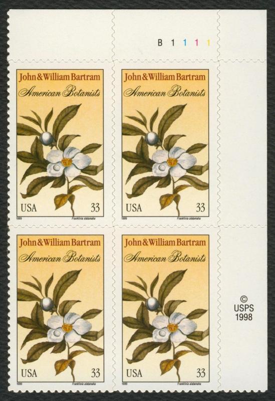 #3314 33c John & William Bartram, Plt Blk [B1111 UR], Mint **ANY 4=FREE SHIPPING