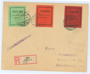 Germany  (16 September 1923) Halle, Hermany cancels ties three private issues paying registration fees on this cover sent to Ber