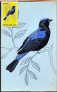 Nagaland 1969 Blue-Backed Fairy Bluebird - original hand-...