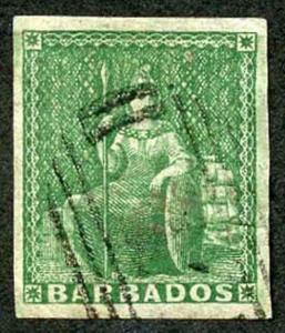 BARBADOS SG7 1855 1/2d Yellow-Green on White Paper Four Margins Cat 110