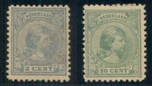 NETHERLANDS #41 & 46 5¢ & 20¢ WILHELMINA PROOFS on heavy ungummed paper,